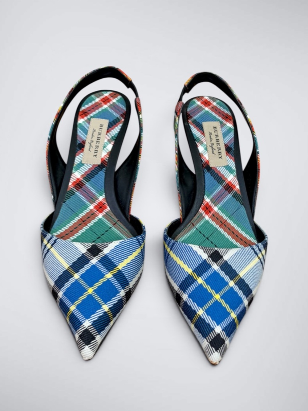 Burberry Mixed Tartan Plaid Slingback Pumps | Pointed Toe Kitten Heels - Picture 4 of 8